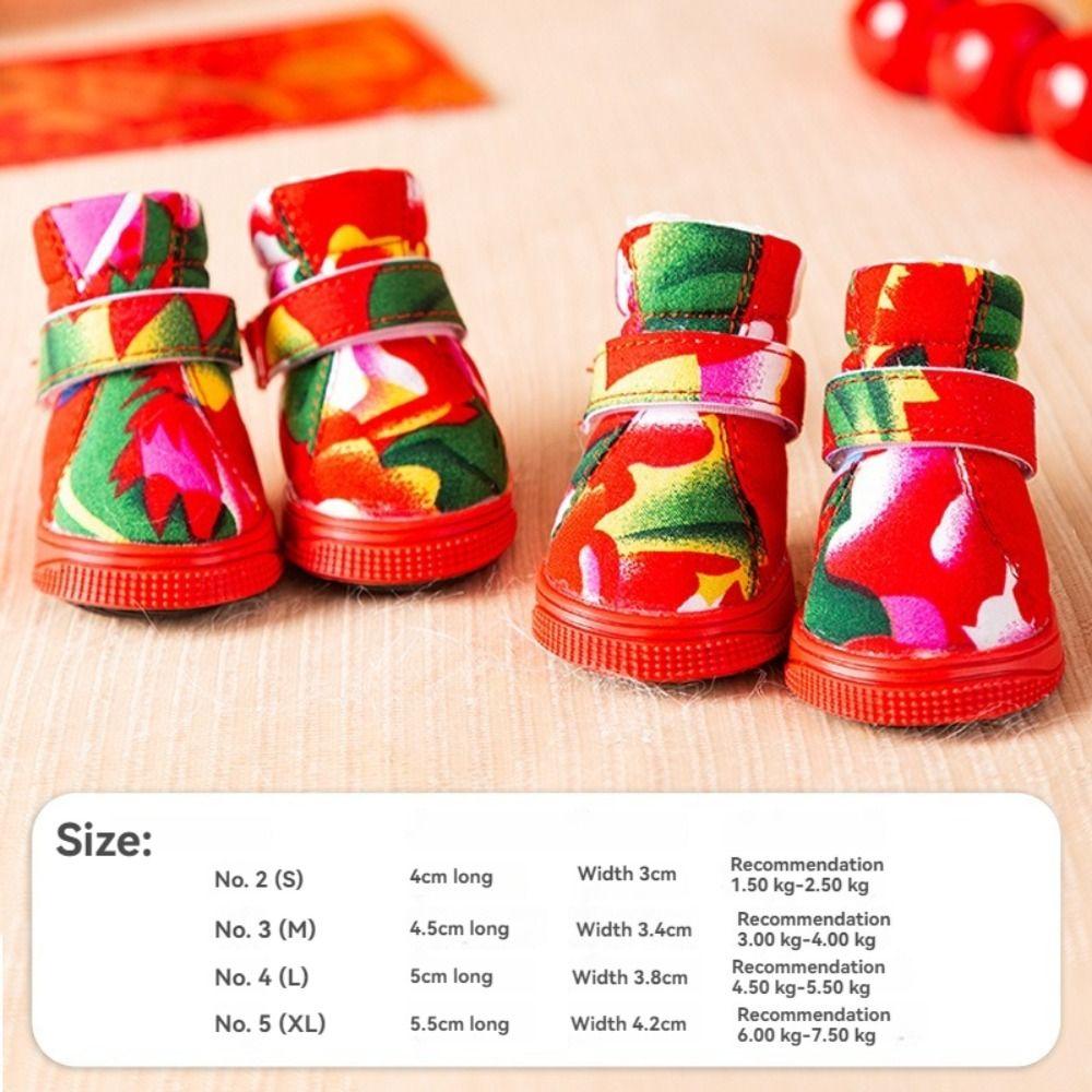 4Pcs/Set Flower Printing Dog Snow Boots New Year Adjustable Winter Dogs Shoes Fluffy Wear-resistant Pet Foot Covers