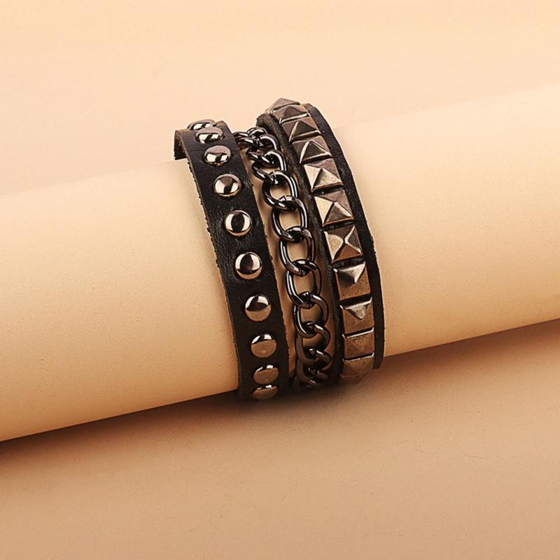 Multilayers Rock Spike Rivets Chain Bracelet Gothic Punk Wide Cuff Leather Bracelet Bangle Fashion Bracelet Jewelry