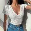 Y2k Style Summer Retro Floral V-neck Crop Top Slimming Wild High Waist Streetwear Tshirt Short Sleeve Women's T-shirt