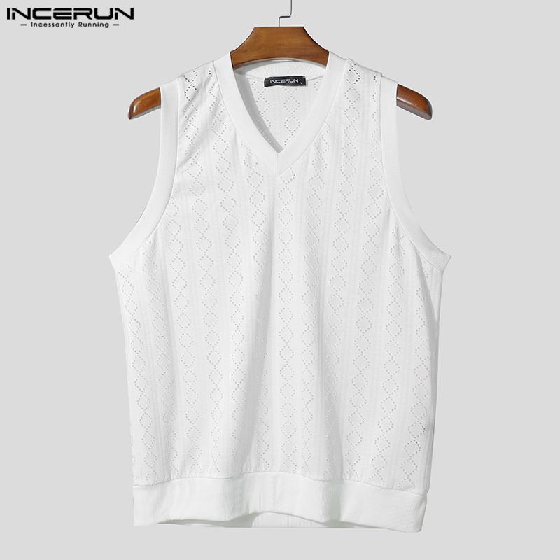 INCERUN Summer Men V Neck Sleeveless Hollow Out Solid Casual Tank Tops