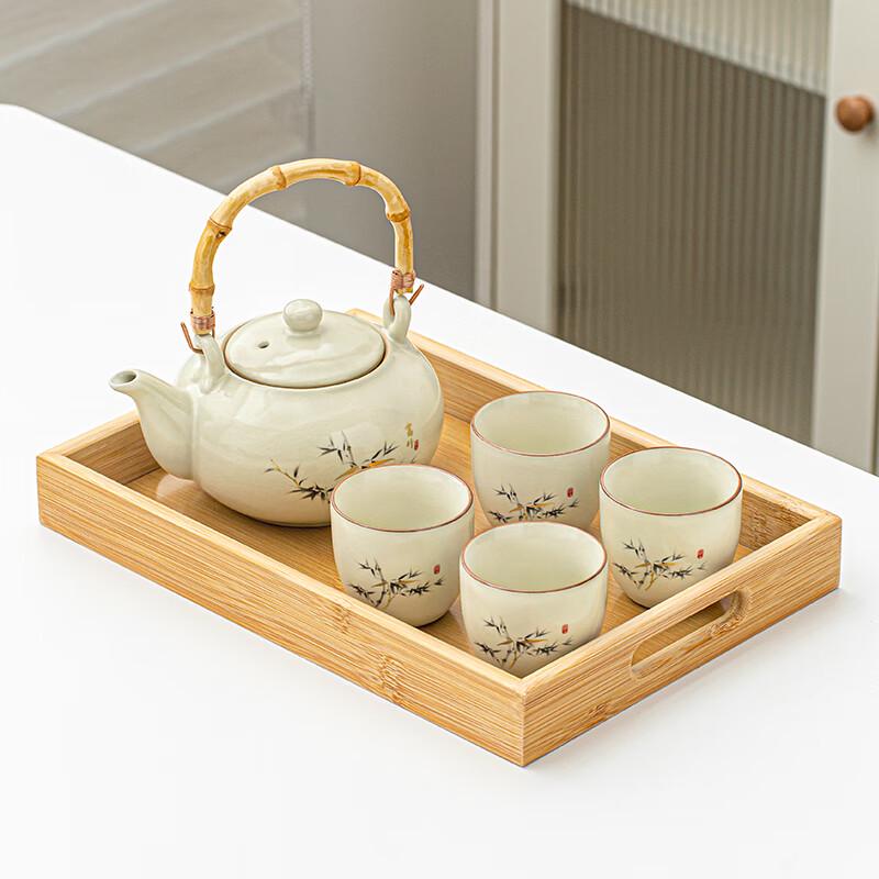 Lainuo Ru Kiln Bamboo Handle Tea Set & Tray
