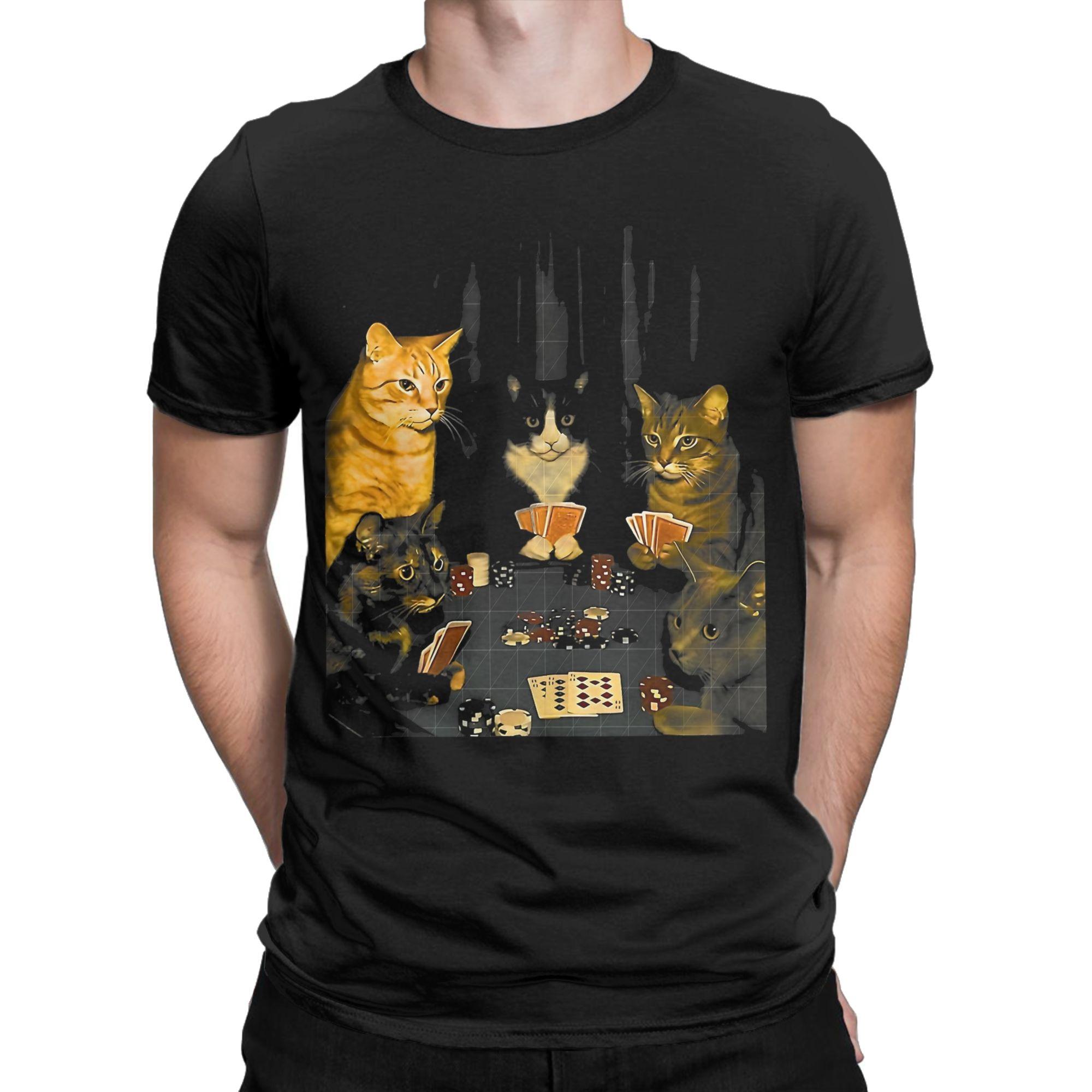 Cats Smoking Cigarette Meme Cat Playing Poker T Shirts Men 100% Cotton Funny T-Shirt Round Collar  Tee Shirt Short Sleeve Top... S разноцветный