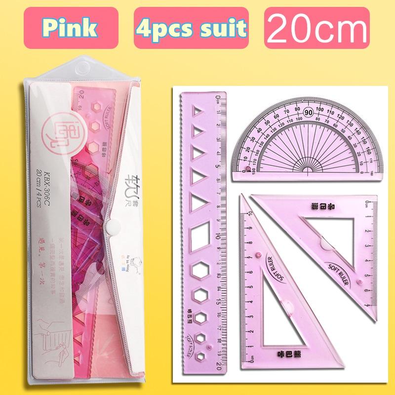 4pcs Soft Ruler Suit 15cm 20cm Flexible Clear Scale Straight Triangular Rulers Protractor Measure Drawing School Supplies