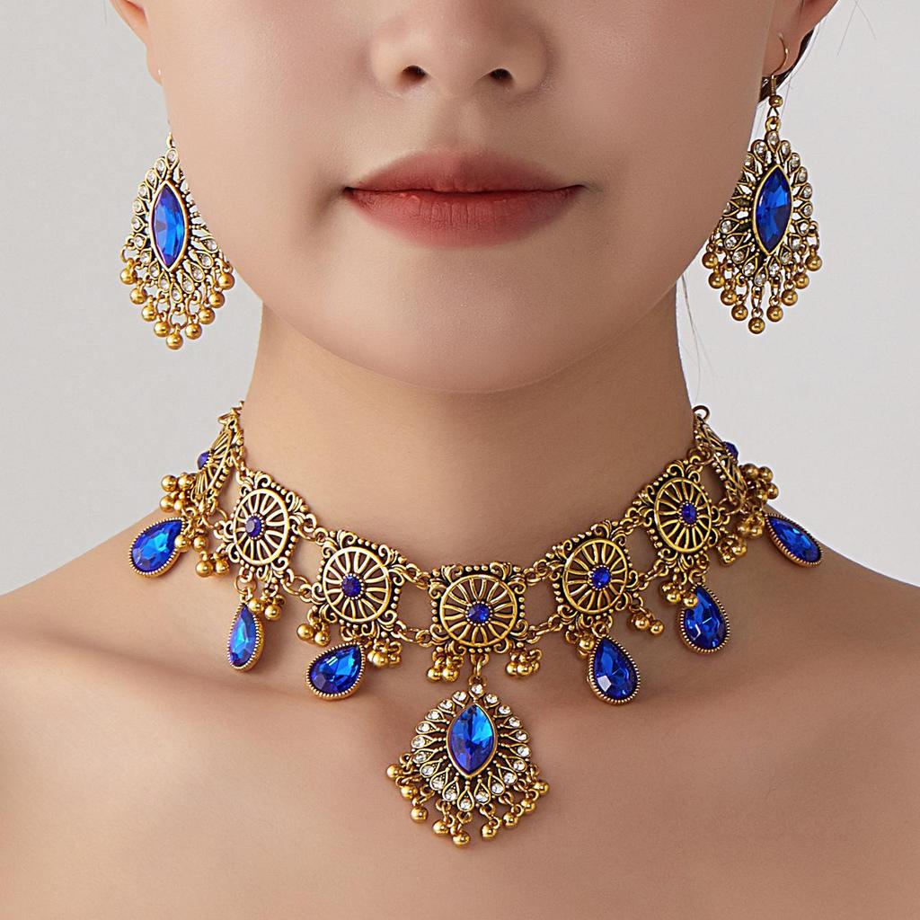 Indian Ethnic Style Gemstone Beaded Jewelry Set - Necklace & Earrings