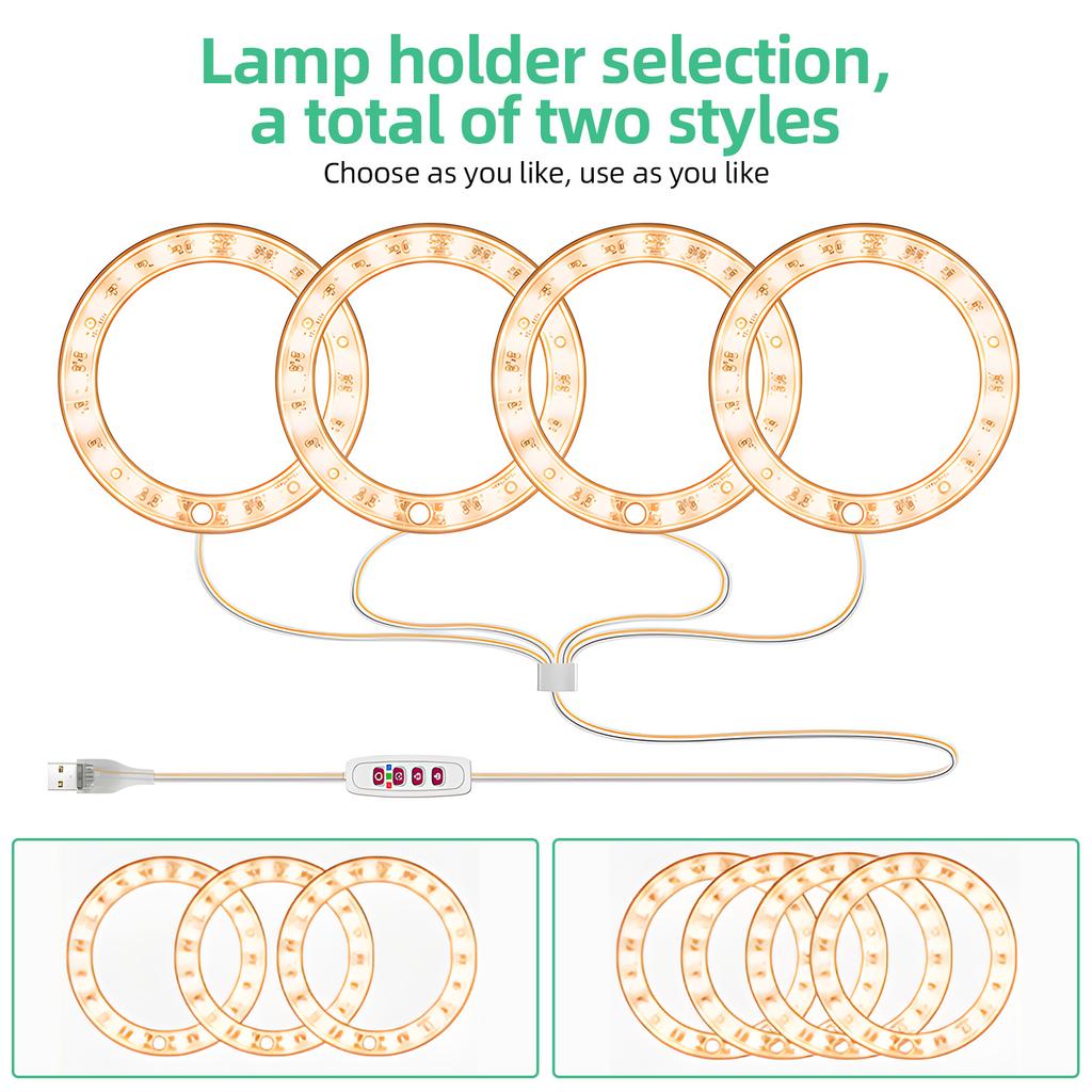 Pěstovací světla pro pokojové rostliny 4 hlavy 6,2W 301,7lm 80LED 4000K USB napájené růstové světlo 8H/12H/16H