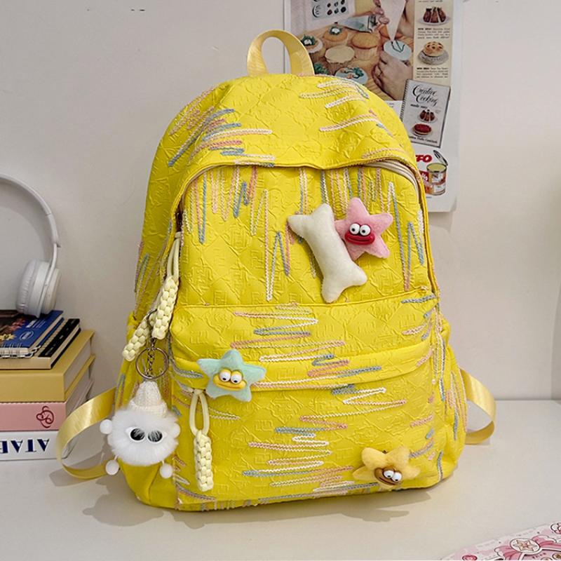 Autumn New Simple Lightweight Student Backpack Junior/high School Girl Schoolbag Cute Sweet Embroidery Striped Travel Book Bags with Cartoon Pendant