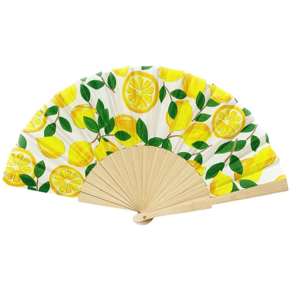 Wooden Handle Folding Hand Fan Lemon Print Hand Cranked Fan Lightweight Handheld Fan  Photography