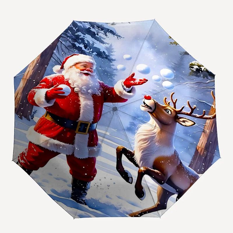 

1pc Santa Claus Snowballs umbrella automatic open/close, 8-Rib Durable Frame, Compact Folding Design, Ideal Birthday/Holiday Gift 1155A