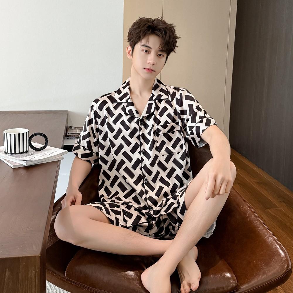 Pajamas Men's 1011 Spring and Summer New Short-sleeved Shorts Cardigan Set Ice Silk Printing High-end Loungewear