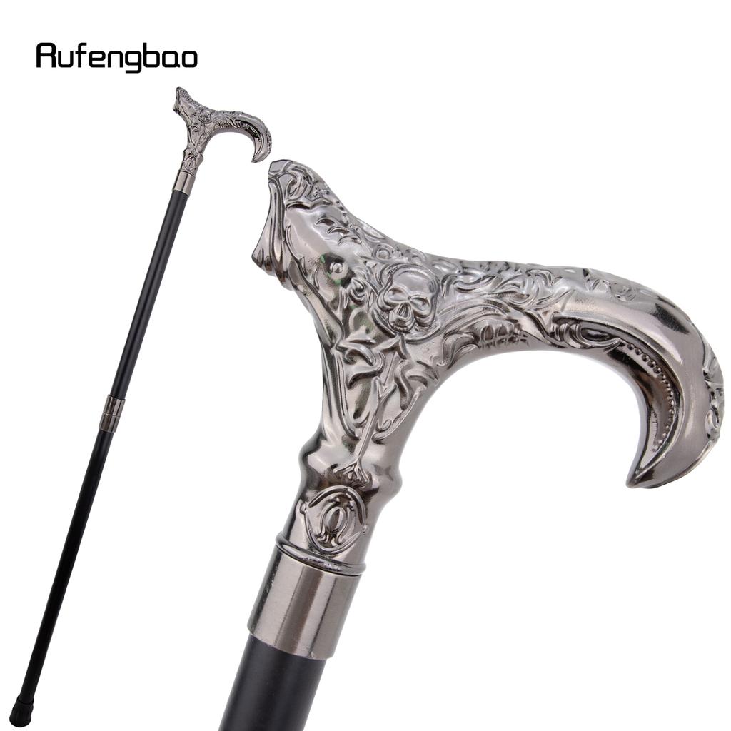 Silberner Totenkopf Blumenkopf Gehstock Mode Dekorativer Spazierstock Gentleman Elegant Cosplay Stock Knauf Krummstab 93cm