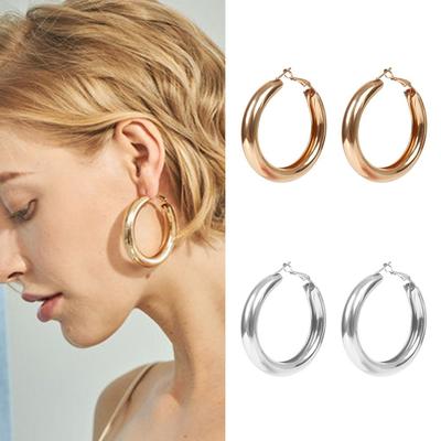 Hiphop  Minimalist Women Jewelry Round Circle Big Gold Alloy Thick Tube Hoop Earrings