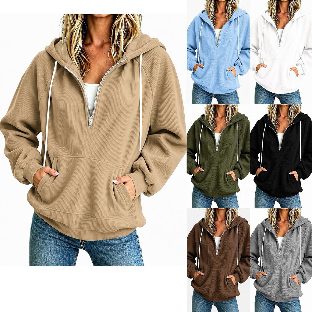New European and American Women's Clothing Semi-zipper Hooded Sweater Loose Long-sleeved Drawstring Casual Top Spot Women