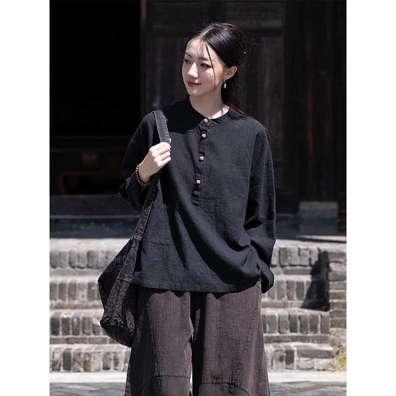 Spring/Autumn New Chinese Style Cotton Linen Women's Stand Collar Pullover Long Sleeve Shirt - Retro, Literary, and National Style Temperament.
