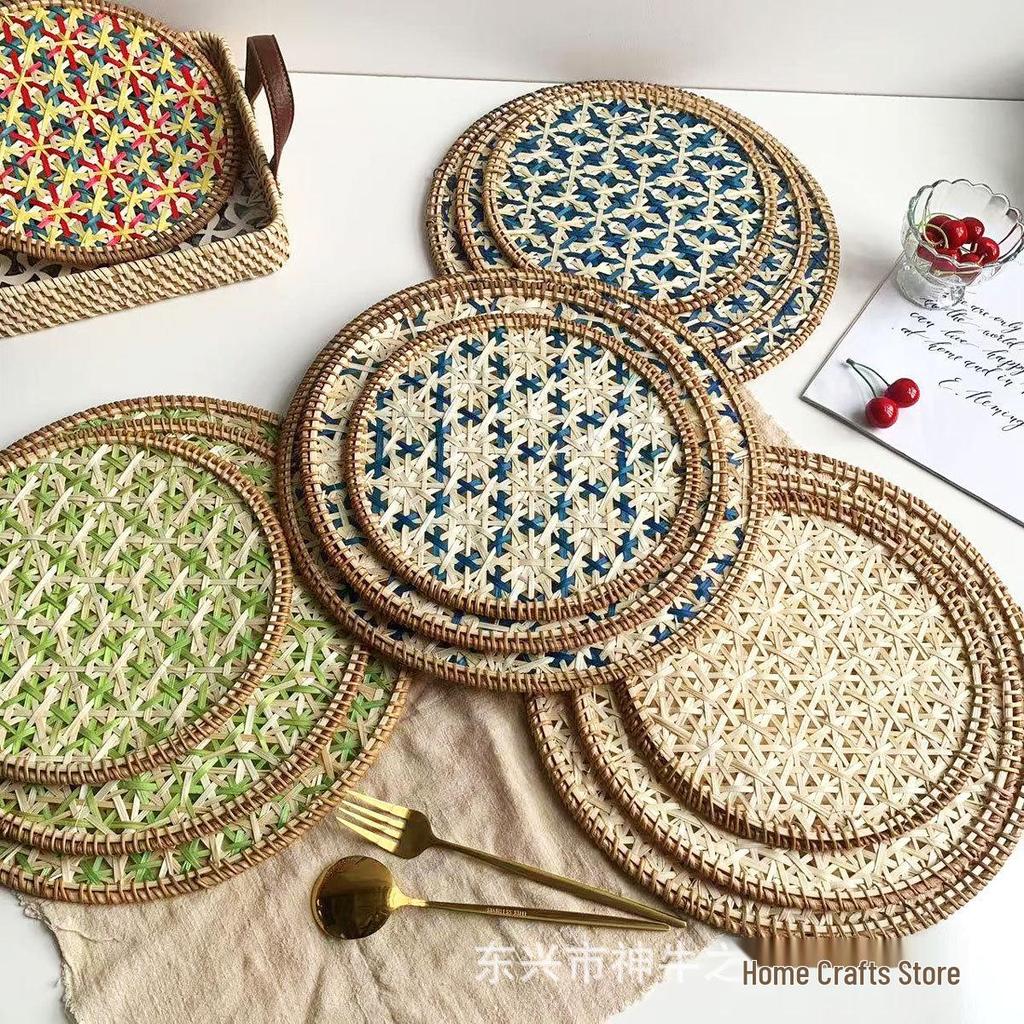 Ethnic Bamboo Weaving Handmade Coaster Set - Heat Resistant Round Placemats for Kitchen & Restaurant