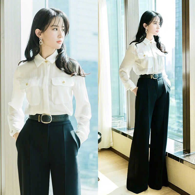 

Liu Yifei Fashion Week Same Style Ol Aura Micro Transparent White Shirt + High Waist Black Pants Suit Women Same black Loose pants with Liu Yifei S