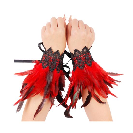 1 Pair Gothic Feather Wrist Cuff Gloves Feather Lace-Up Ribbons Halloween Party