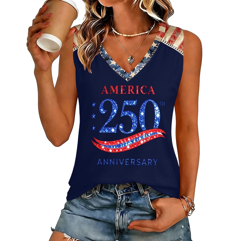 Womens V Neck Short Sleeve T Shirt Casual Fit Letter Print Top Comfortable Lightweight Pullover Tee America 250 Anniversary Design