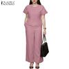 ZANZEA Women Short Sleeve T-Shirt and Pants Casual Two Piece Suit Set