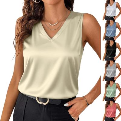Women's Basic Satin Camisole Tops, Casual V-Neck Silk Sleeveless Tank