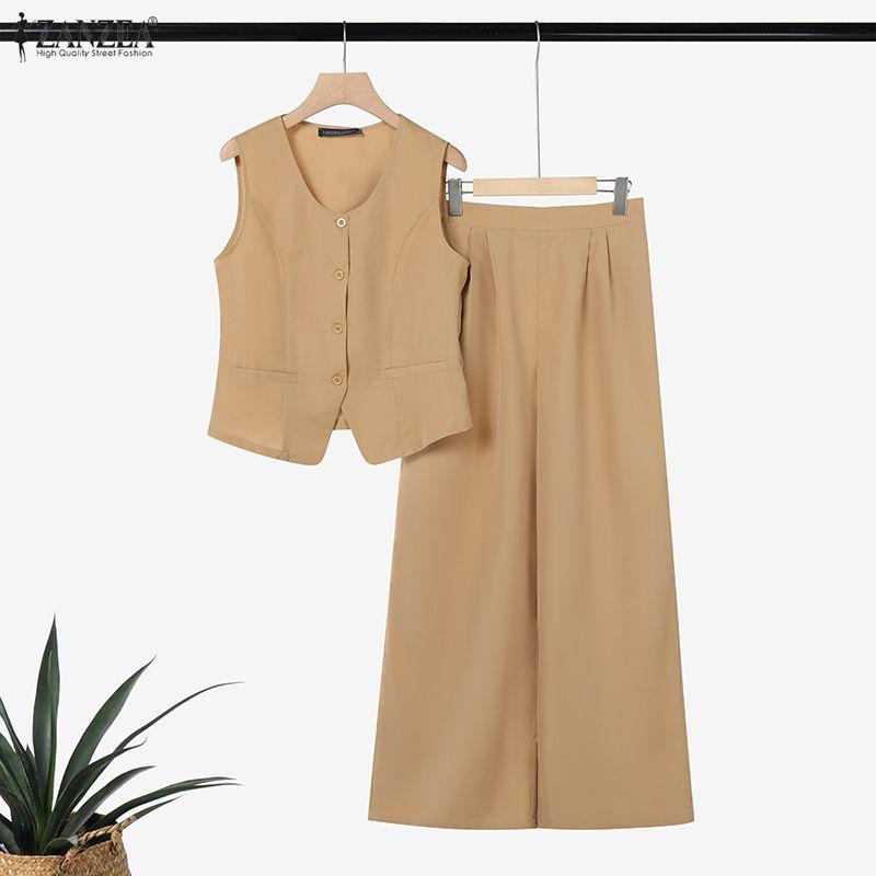 ZANZEA Women Sleeveless Vest Tops and Pants Casual Two Piece Suit Sets