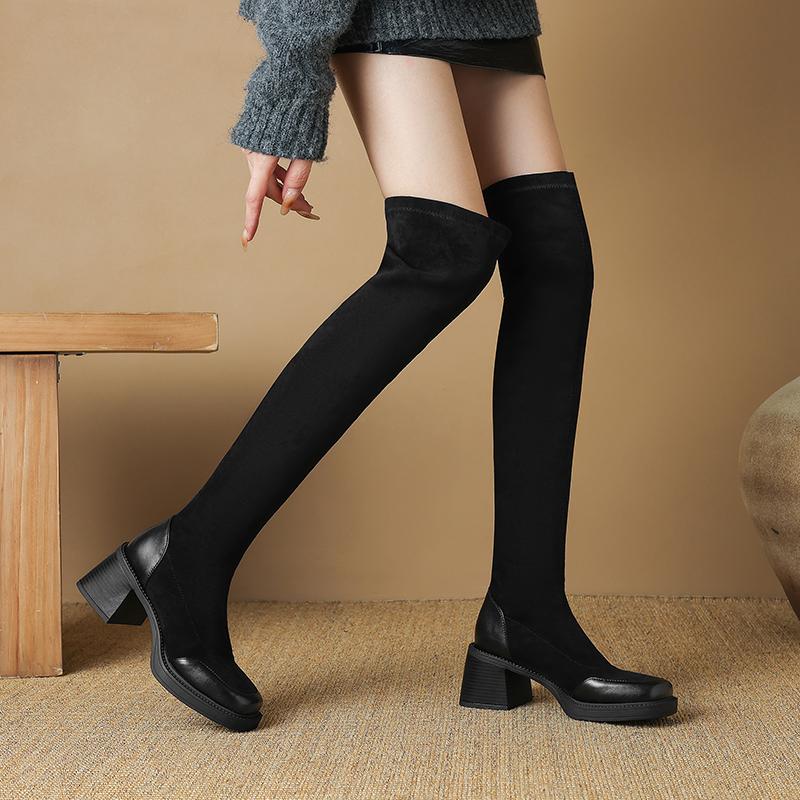 Damenstiefel mit hohen Absätzen Herbst und Winter klassisch vielseitig dickabsätzig Überknie-Stiefel in großen Größen mit elastischem Schaft