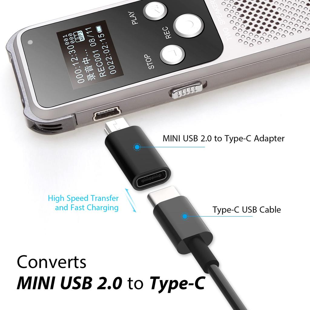 Adapter USB C na Mini USB 2 sztuki, Konwerter Typu C żeński na Mini USB męski do GoPro Hero 3+, MP3, Rejestratora jazdy, Aparatu, Czarny