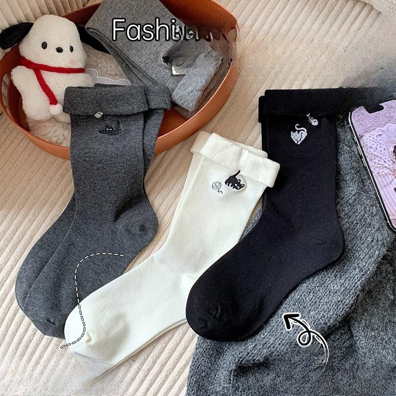 Niedliche Katze Grau Socken für Damen Herbst und Winter, Trendige Baumwollsocken, Wadenlange Socken, Lange Socken, Schulstil Frotteesocken