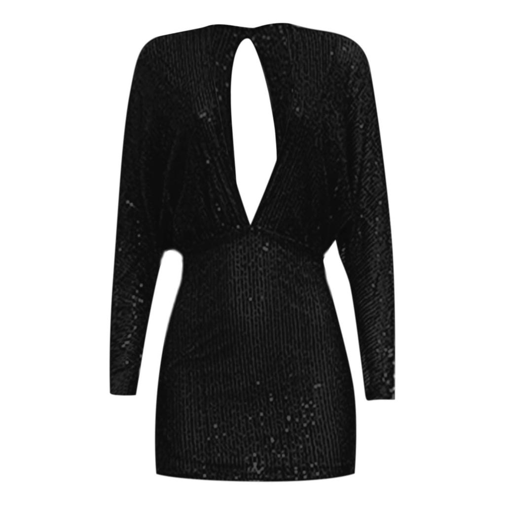 Dámské módní večírek, jednobarevné, s výstřihem do V a dlouhým rukávem, slim fit, flitrované skládané šaty s batohem a boky, večerní šaty