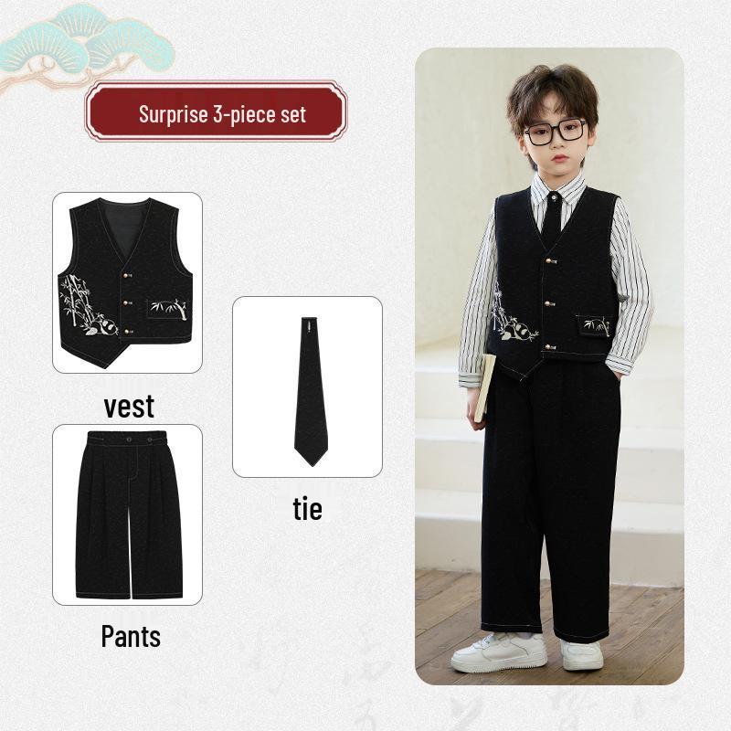 Spring Embroidered Hanfu Vest Set for Boys - Traditional Style Recitation & Performance Outfit
