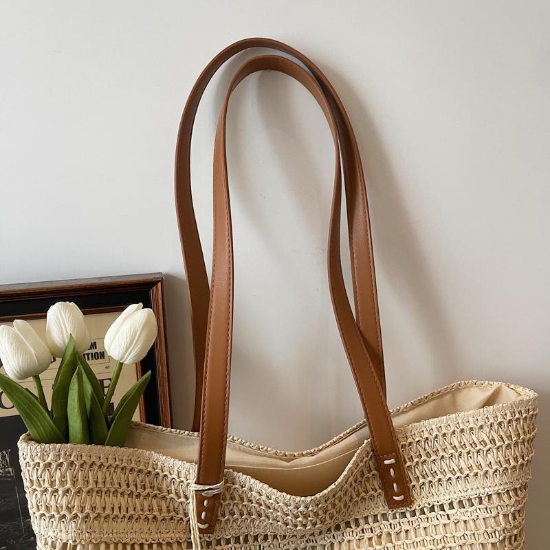 Borsa Tote in Paglia Intrecciata con Manici in Pelle Dettaglio Frangia Borsa da Spiaggia Estiva Moda Donna Grande Capienza