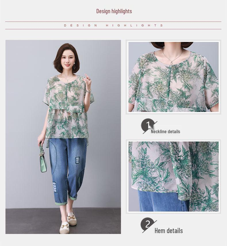 Women's Summer 2025 Casual Suit: Short Sleeve Fashionable Two-Piece Jeans Set for Middle-Aged Moms