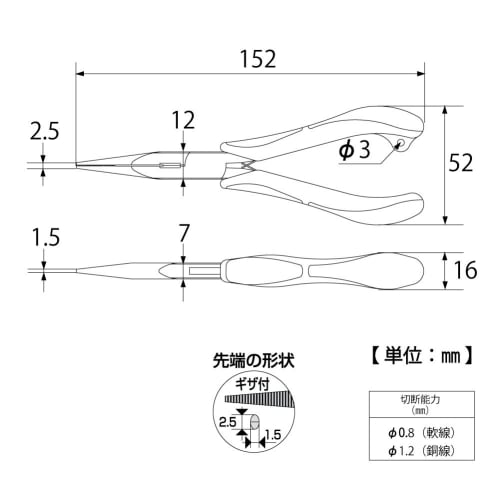 Top Industrial (TOP) Three-Piece Long Nose Pliers, 2.5mm Serrated Tip, Cuts 1.2mm Copper Wire, Spring Attached, RA3-150, Made in Tsubame-Sanjo, Japan