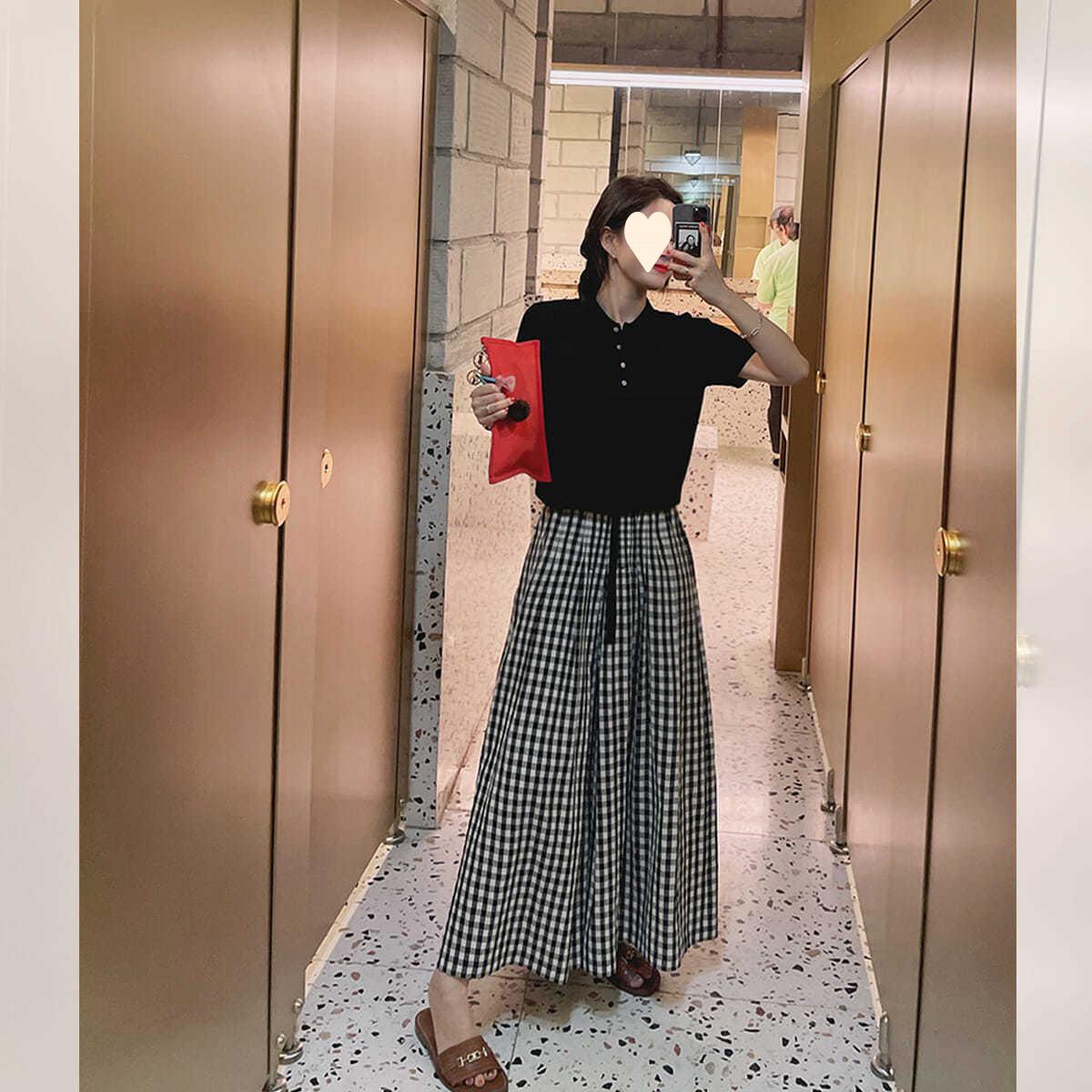 Женские клетчатые хлопково-льняные брюки с широкими штанинами - Эластичная талия, Приталенный силуэт, Повседневный свободный крой Medium