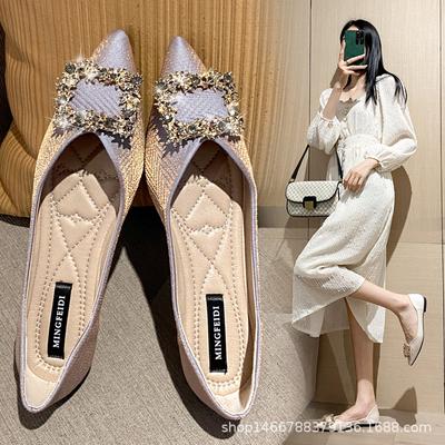 Fashion Luxury Crystal Buckle Satin Flats Woman Espadrilles Shallow Loafers Sneakers Women Shoes Pointed Toe Moccasins Plus Size 35-43