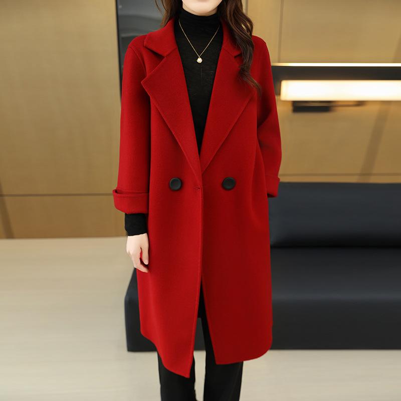 Women's Petite Mid-Length Double-Sided Wool Coat - Solid Color with Loose Seven-Sleeve Design