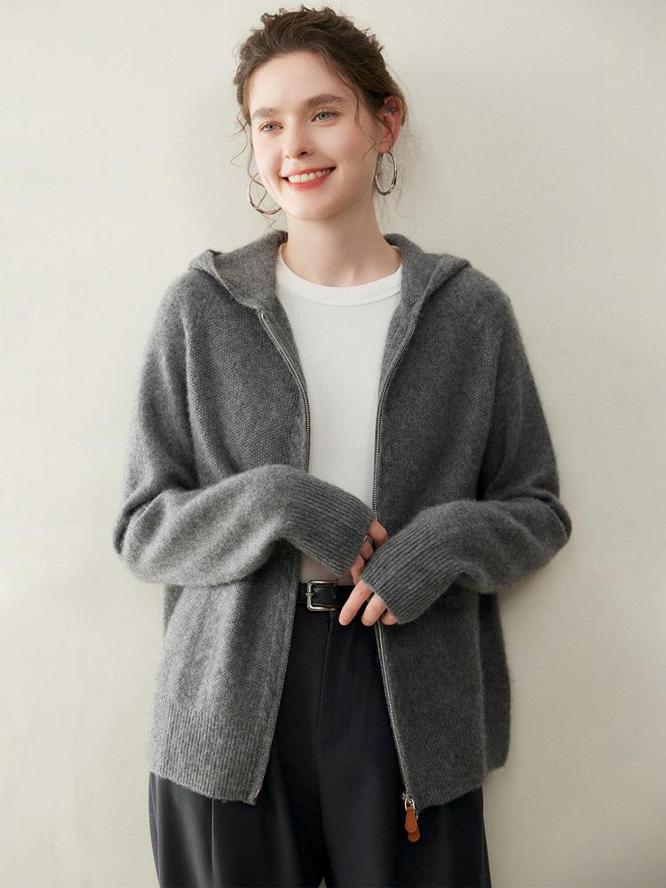 Women's 2026 Autumn/Winter Cashmere Hooded Sweater: Gentle Style Double Zipper Jacket