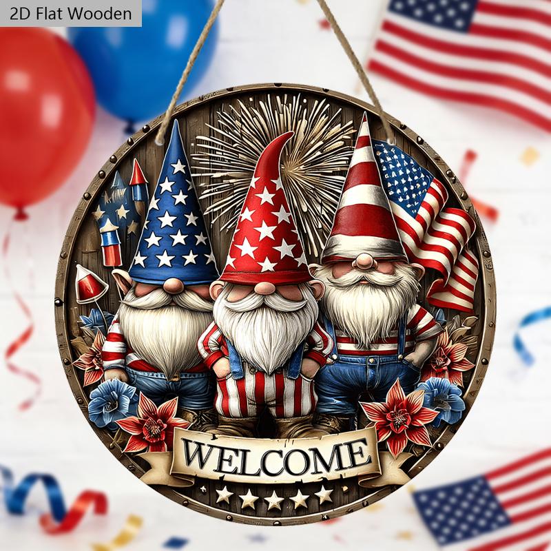 2D Flat 1pc Patriotic Gnome Welcome Wooden Hanging Sign - Red White & Blue USA Themed Rustic Round Door Plaque for Home, Porch - Ideal for 4th of