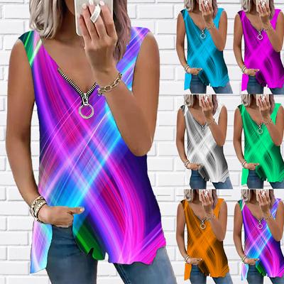 Women's Top Summer New Fashion Color Cross Printed Casual Plus Size Sleeveless Zipper V-neck Top Tank Top