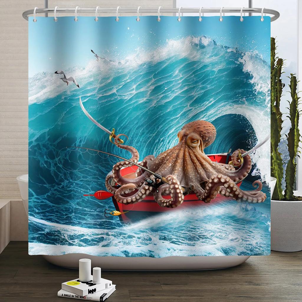 Hrdinský Velký bílý žralok s pistolí Kočka Vtipný sprchový závěs Pro kryt vany Kryt koupelny Koupání Extra velký Široký 12 ks háčků