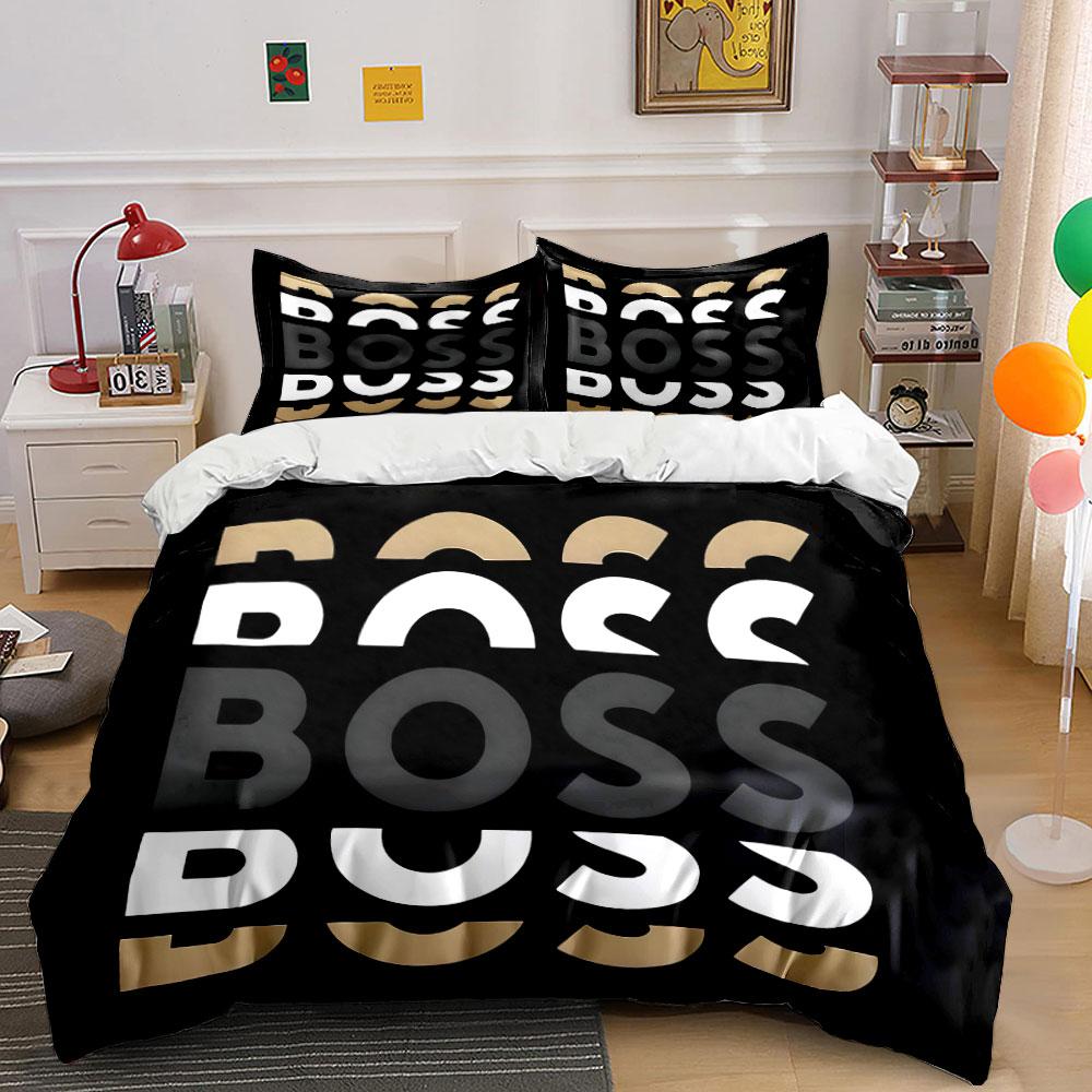 The pattern features "BOSS" text. Bedding sets Duvet cover sets Duvet covers Pillowcases(1 * Duvet Cover 2 * Pillowcases, without duvet insert)