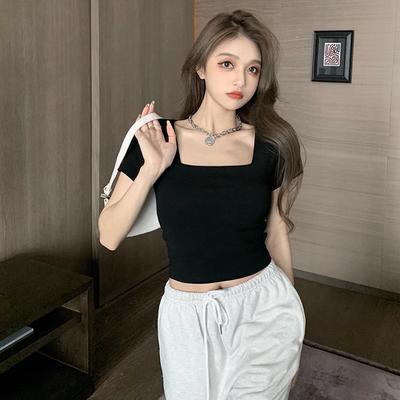 Sommer Neues Slim-fit Innen Quadratischer Ausschnitt Kurzarm T-Shirt Damen Hochtailliert Kurzes Offenknopf-Basic-Shirt Top Damenbekleidung