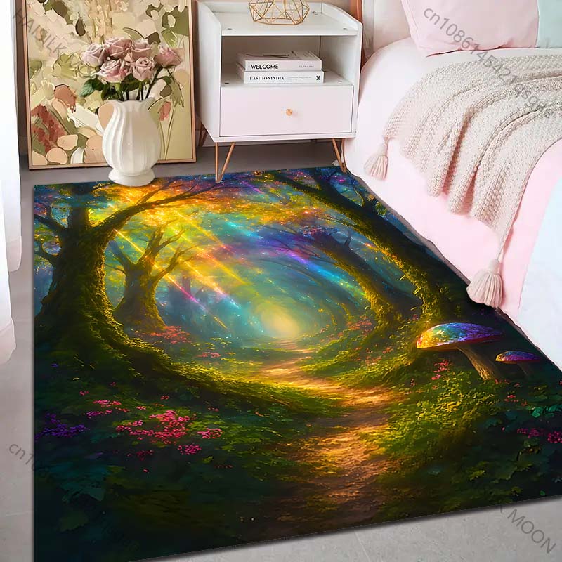 1PC Enchanted Rainbow Forest Path Print Carpet Rug for Living Room Bedroom Sofa Doormat Home Decor Non-slip Floor Mat