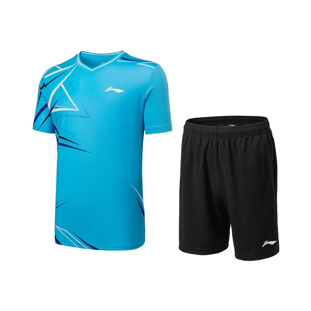 Li Ning Badminton Series Logo Line Short Sleeve V-Neck Elastic Shorts Casual Sports Suit Unisex Sportswear AATU051-3