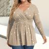 Women's Plus Size Shirt Long Sleeve  Print Top Pleated Casual V-Neck Top