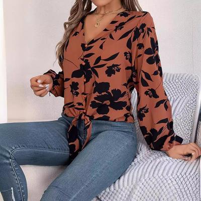 Women Spring Autumn Temperament Print V-Neck Long Sleeve Shirt Blouses
