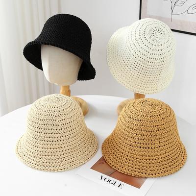 Women's Solid Color Straw Bucket Hat Face-Shielding Summer Beach Fisherman Cap for Outings