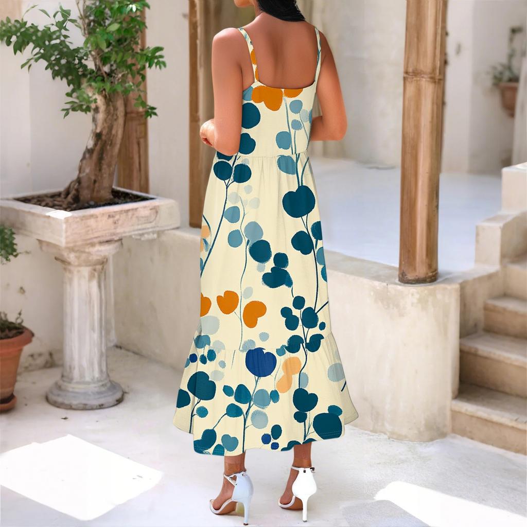 Women's Long Beach Casual Elegant Spaghetti Strap Maxi Dress Stitching Low-key Flowing Bohemian Dress