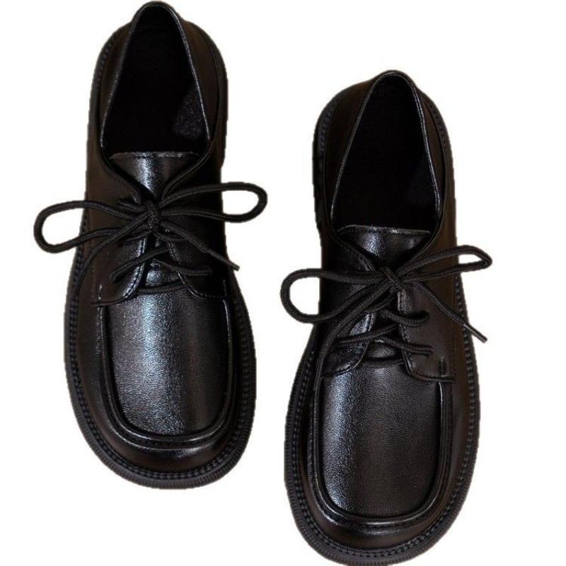 Fashion Large Size Loafers Female Black Single Shoes Female Summer 2025 New Lace-up British Style Small Leather Shoes