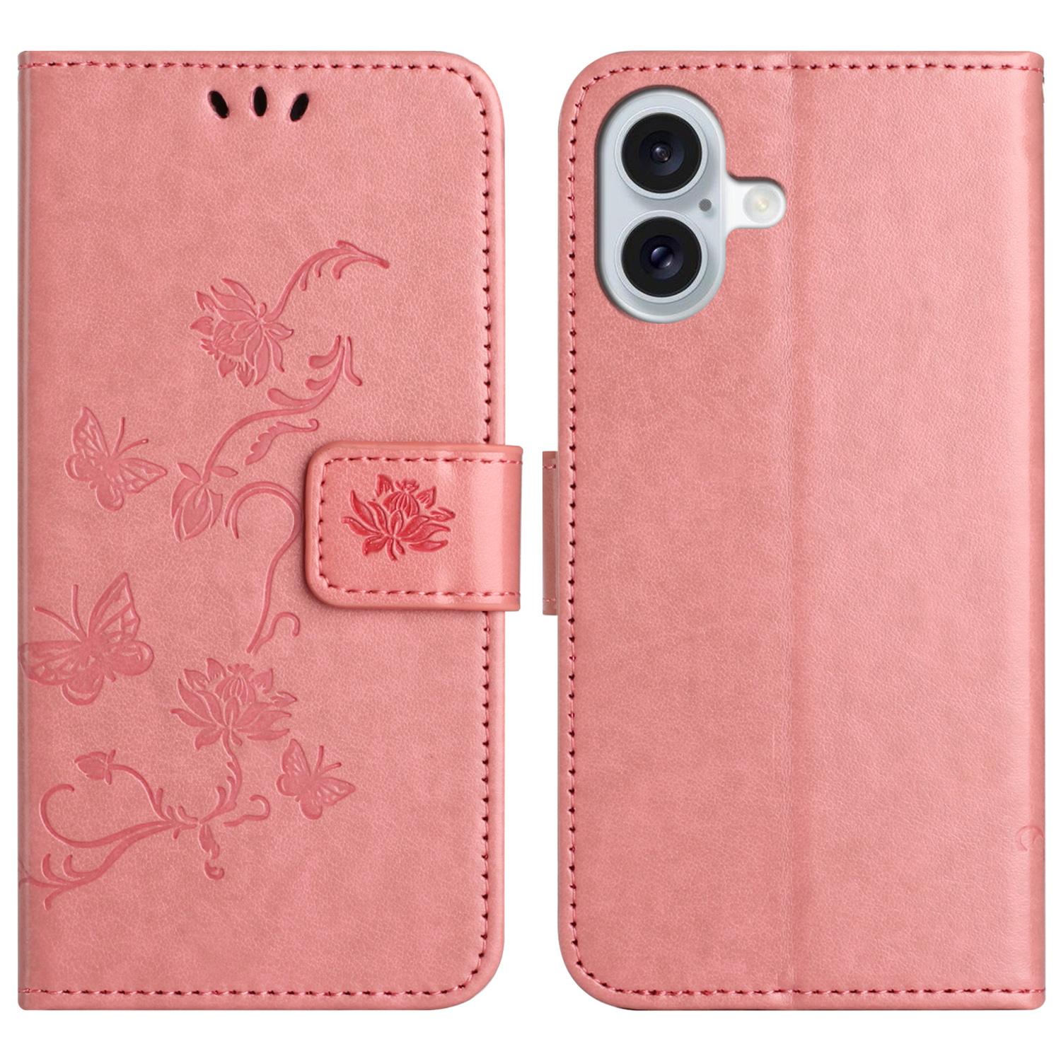 

For iPhone 16 Plus Case PU Leather Wallet Phone Cover Butterfly Flower Pattern Pink