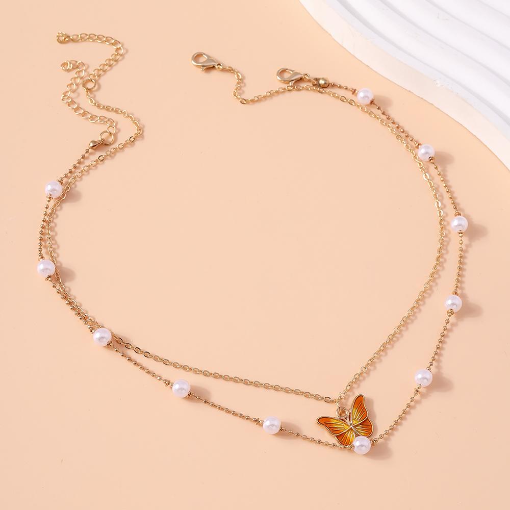2pcs/set Cute Butterfly Pendant Necklace for Women Girls Pearl Beaded Choker Necklace Girls Party Holiday Jewelry Gifts